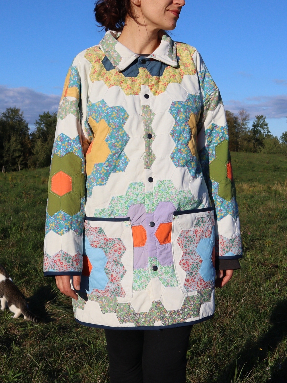 Quilted Patchwork Floral Oversized Jacket - White Multicolor